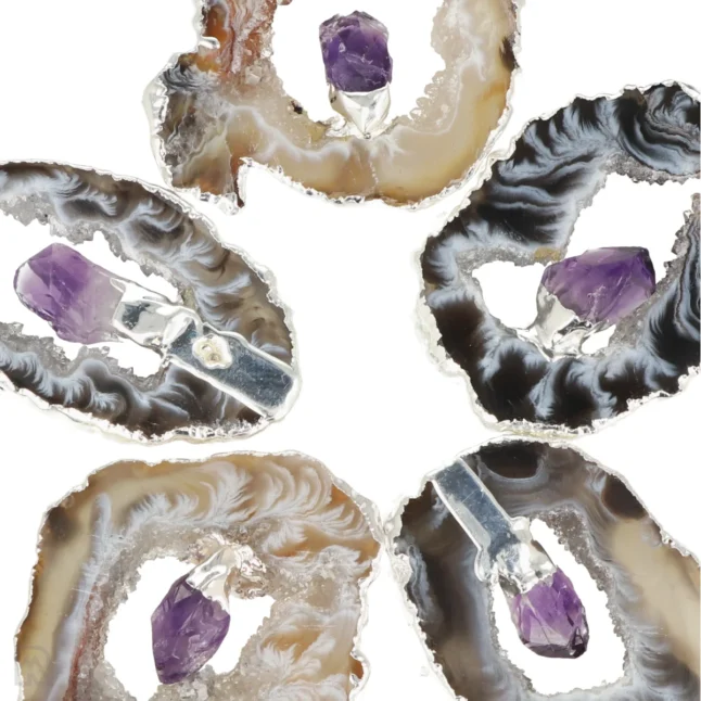 Agaat geode hanger met staande Amethist | Verzilverd - Afbeelding 2