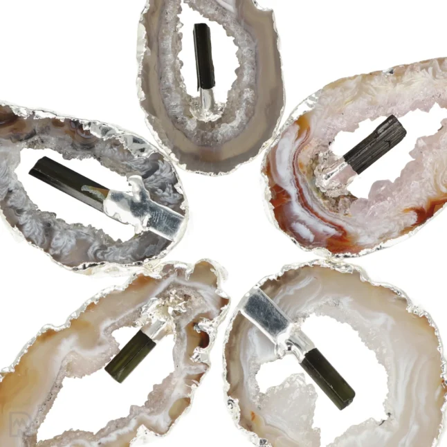 Agaat geode hanger met staande Toermalijn | Verzilverd - Afbeelding 2