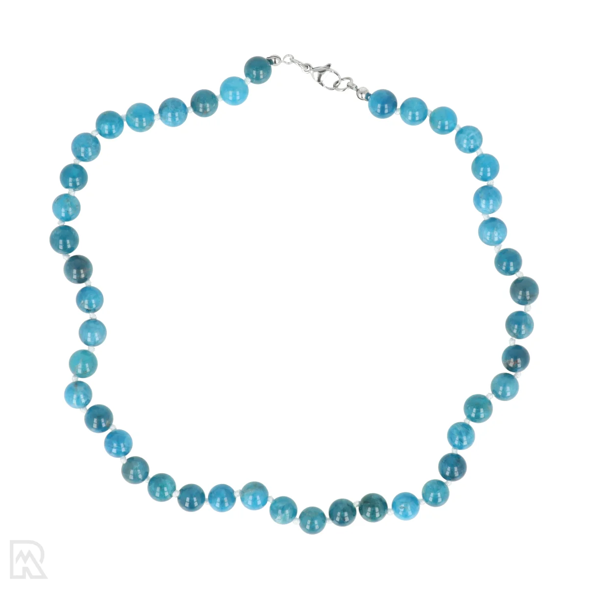 Blauwe apatiet - wit koord Geknoopte Kralenketting | 8 mm - 45 cm 1 Blauer Apatit – weiße Kordel, geknüpfte Perlenkette | 8 mm – 45 cm