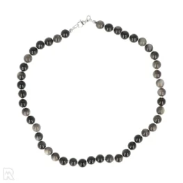 Zilver obsidiaan - wit koord Geknoopte Kralenketting | 8 mm - 45 cm